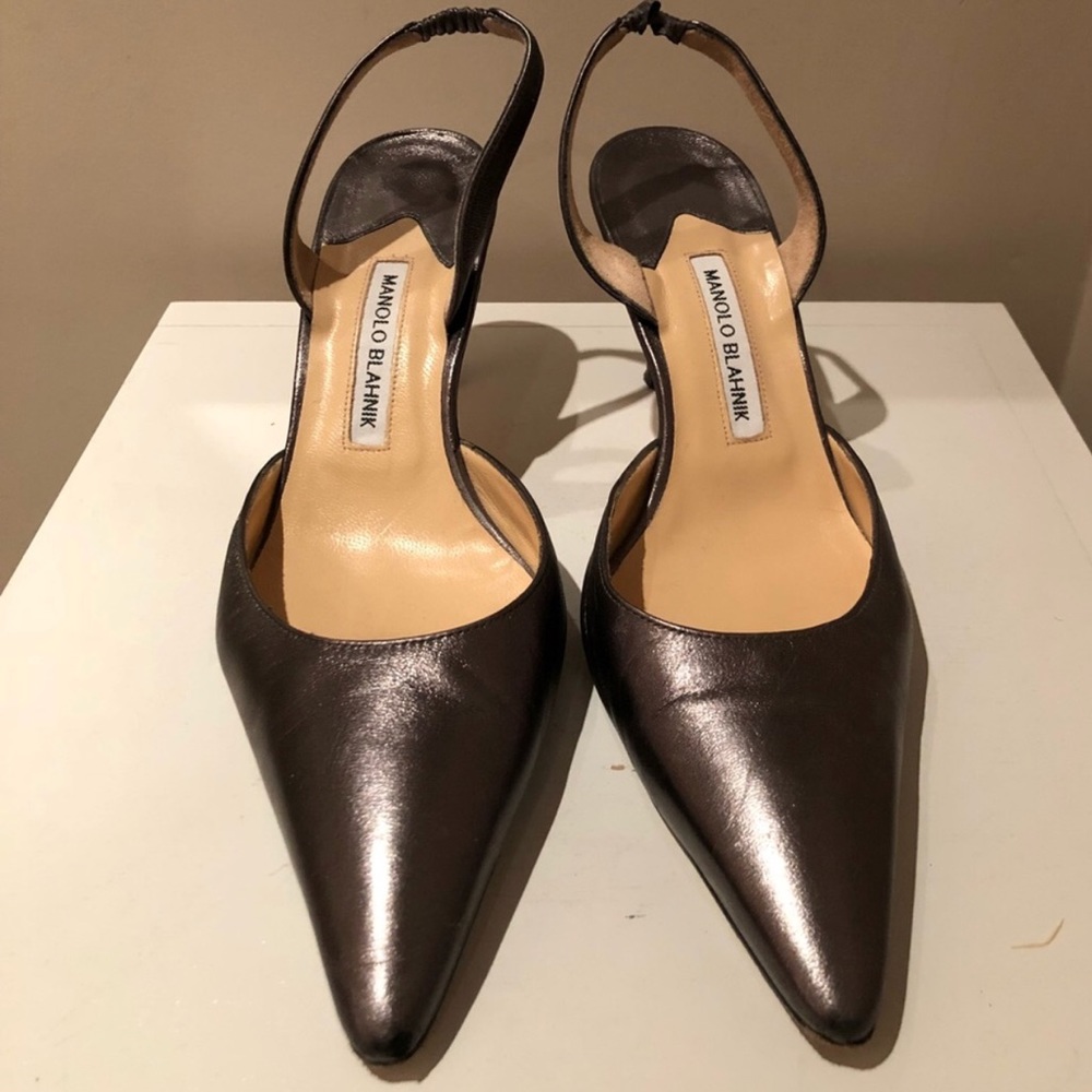 Manolo Blahnik Grey Metallic Sling Back